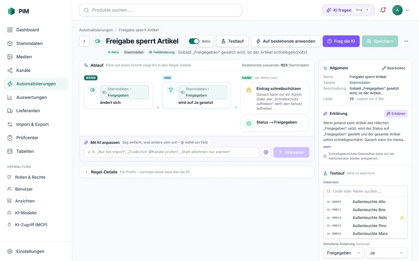apvros PIM: Automation „Freigabe sperrt Artikel“ mit Ablauf WENN – UND – DANN, Erklärung und Testlauf.