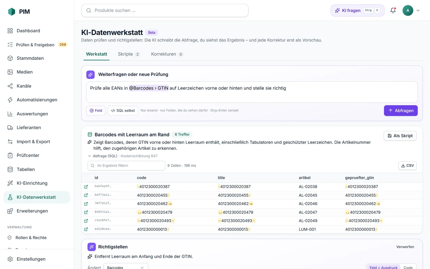 apvros PIM KI-Datenwerkstatt: Frage „Prüfe alle EANs in Barcodes auf Leerzeichen vorne oder hinten“, Erklärung der Abfrage und Ergebnistabelle mit sichtbar gemachten Leerzeichen und Tabs.