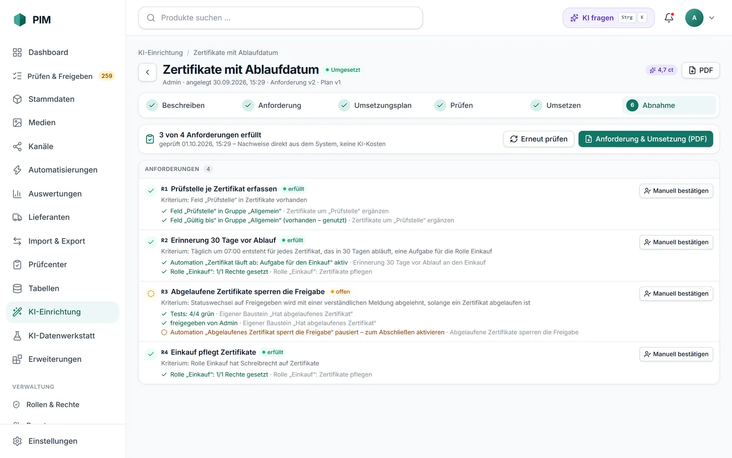 apvros PIM KI-Einrichtung: Abnahme – 3 von 4 Anforderungen erfüllt, Nachweise direkt aus dem System, eine Automation noch pausiert, PDF „Anforderung & Umsetzung“.