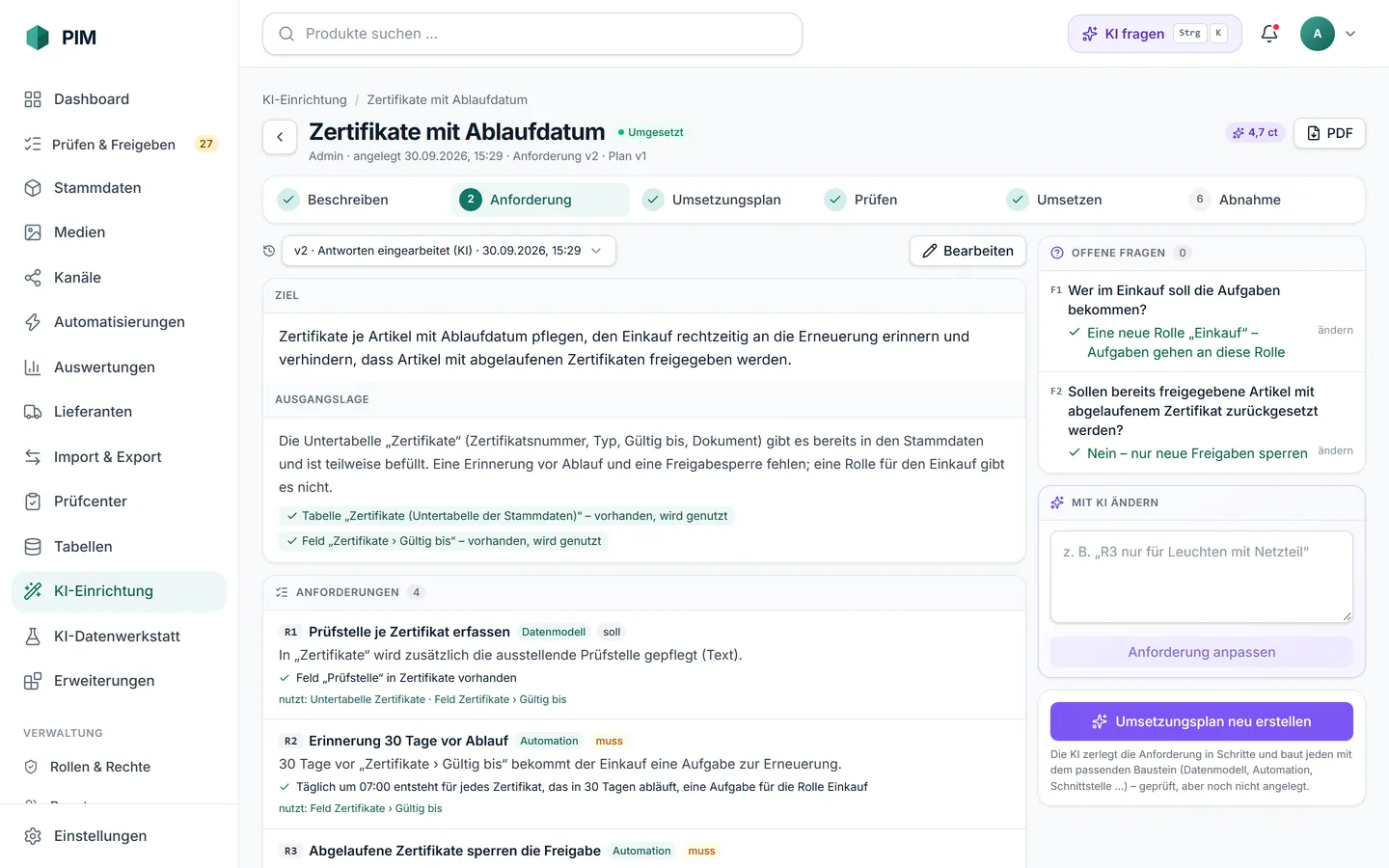 apvros PIM KI-Einrichtung: Anforderung mit Ziel, Ausgangslage (vorhandene Tabelle und Felder), Anforderungen R1–R4 mit Abnahmekriterien und beantworteten offenen Fragen.