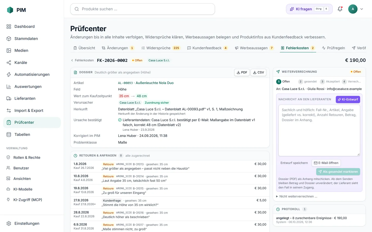 apvros PIM Prüfcenter › Fehlerkosten: Fall FK-2026-0002 – Höhe zum Kaufzeitpunkt 35 cm statt 48 cm aus dem Datenblatt von Casa Luce, Ursache bestätigt, Retouren mit Kosten, Weiterverrechnung mit KI-Entwurf.