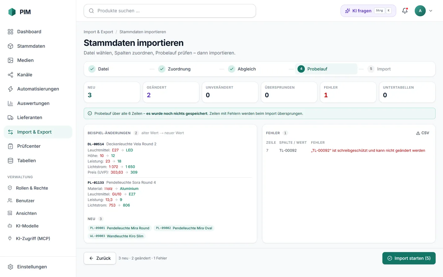 apvros PIM: Import-Assistent, Probelauf mit neuen, geänderten und fehlerhaften Zeilen und Beispiel-Änderungen.