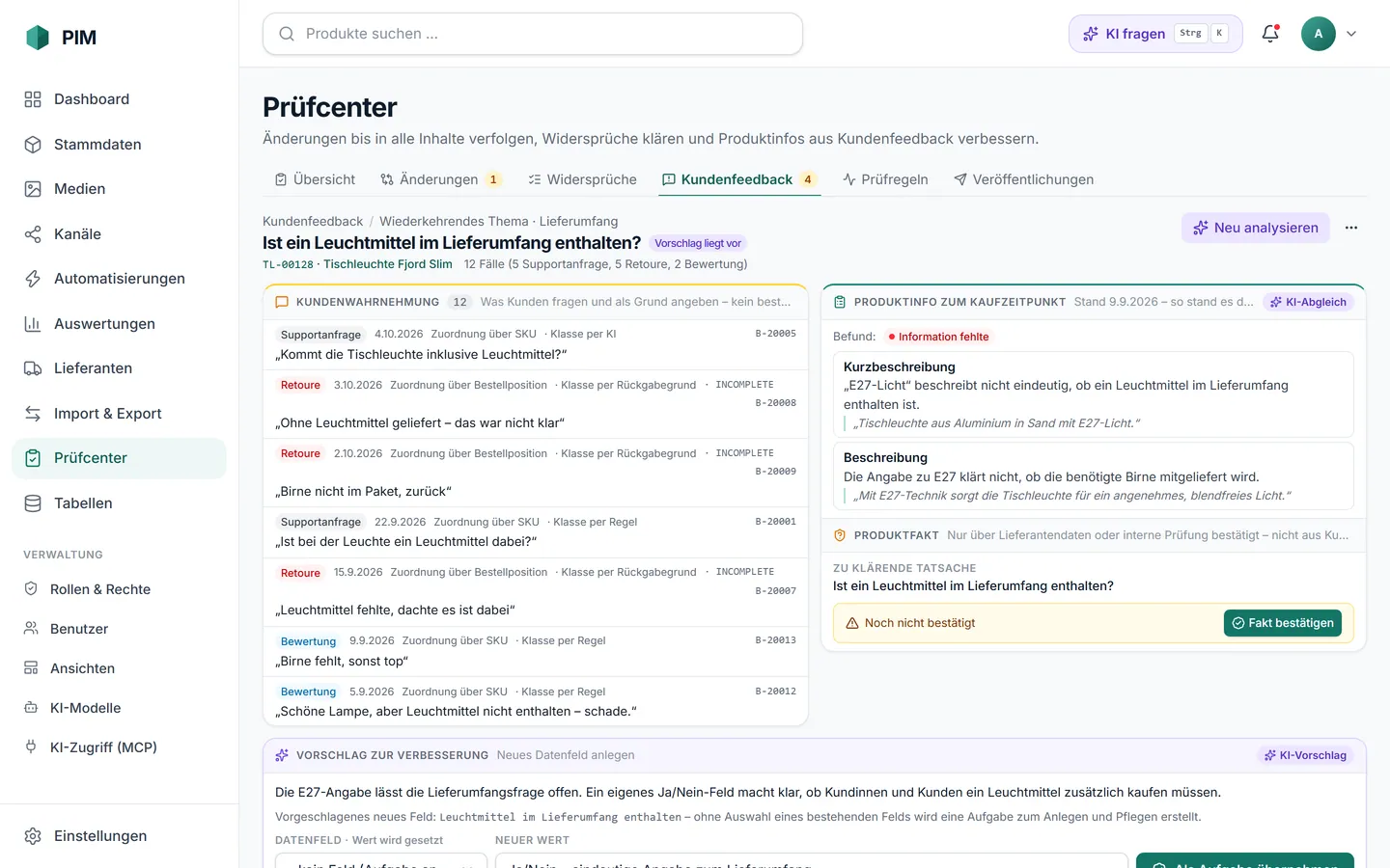 apvros PIM: Feedback-Thema mit Fällen, Datenstand zum Kaufzeitpunkt und Vorschlag für eine bessere Produktinformation.