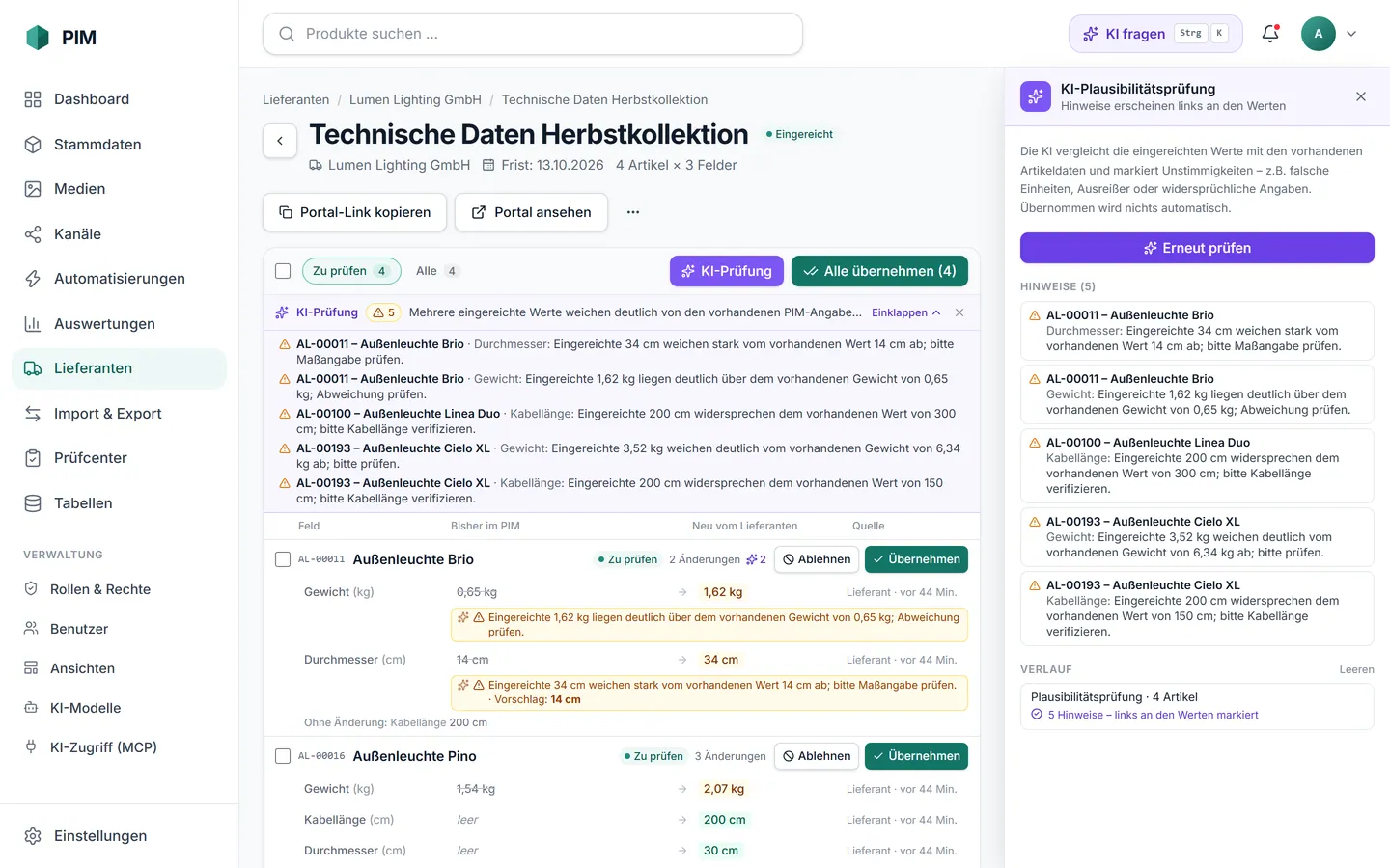 apvros PIM: Eingereichte Lieferantendaten mit „bisher → neu“, Quelle und KI-Plausibilitätsprüfung.