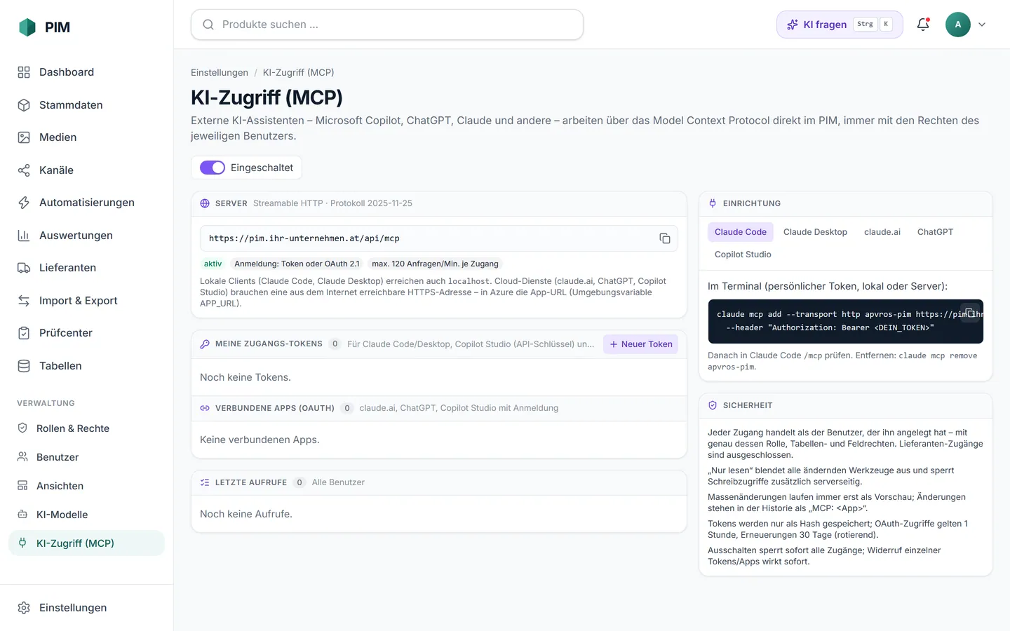 apvros PIM, Einstellungen › KI-Zugriff (MCP): Server-Adresse, Zugangs-Tokens, verbundene Apps und Einrichtungshinweise.