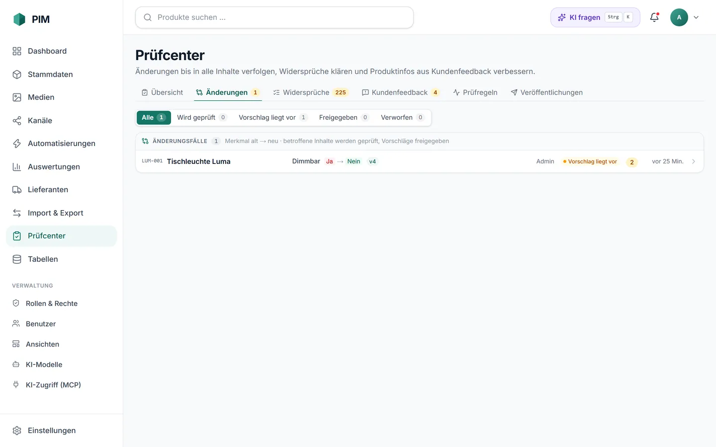 apvros PIM Prüfcenter › Änderungen: Änderungsfall „Dimmbar Ja → Nein“ bei der Tischleuchte Luma mit Vorschlägen für Beschreibung DE und EN.