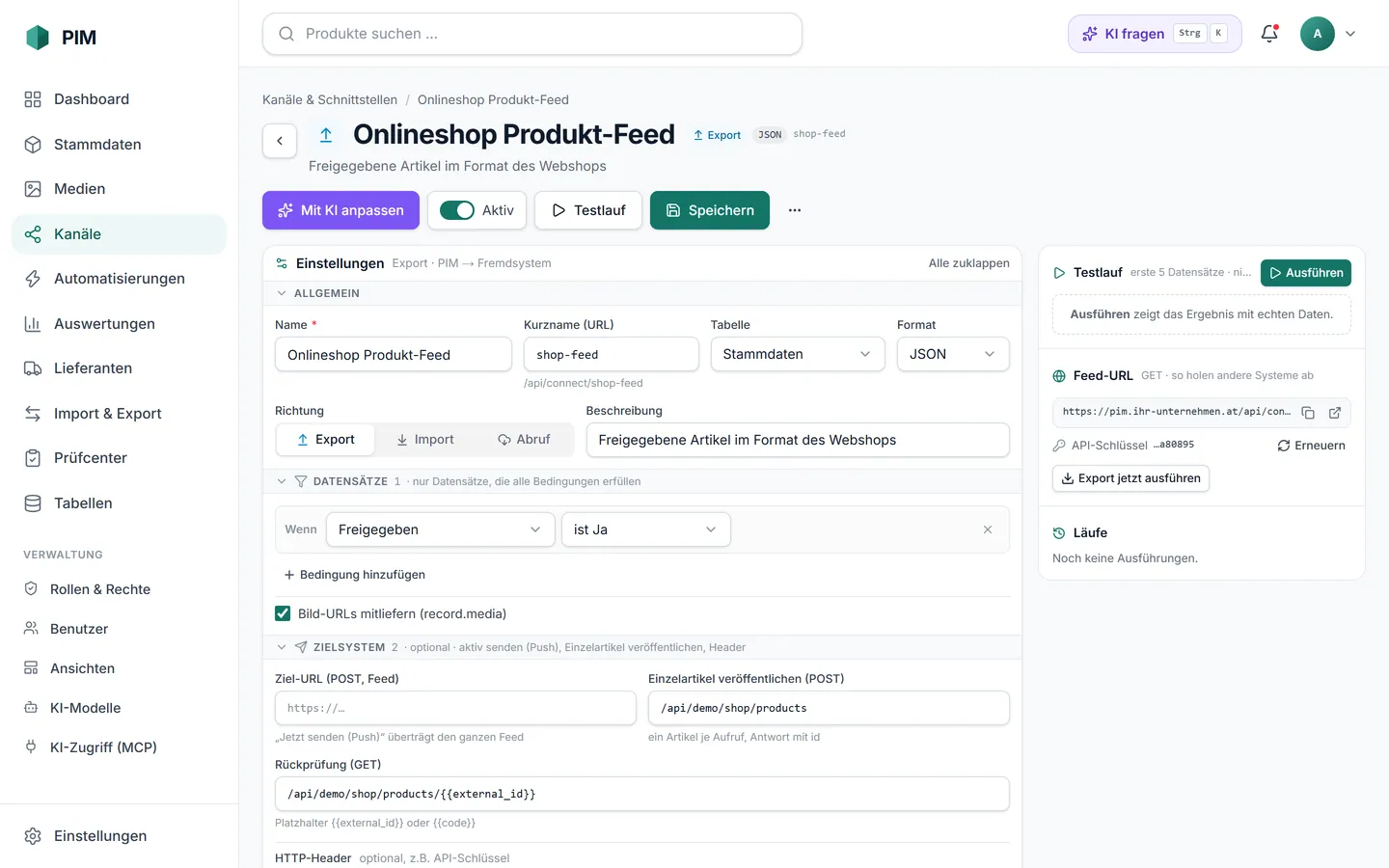 apvros PIM: Schnittstelle „Onlineshop Produkt-Feed“ mit Mapping-Code, Testlauf und Feed-Adresse.